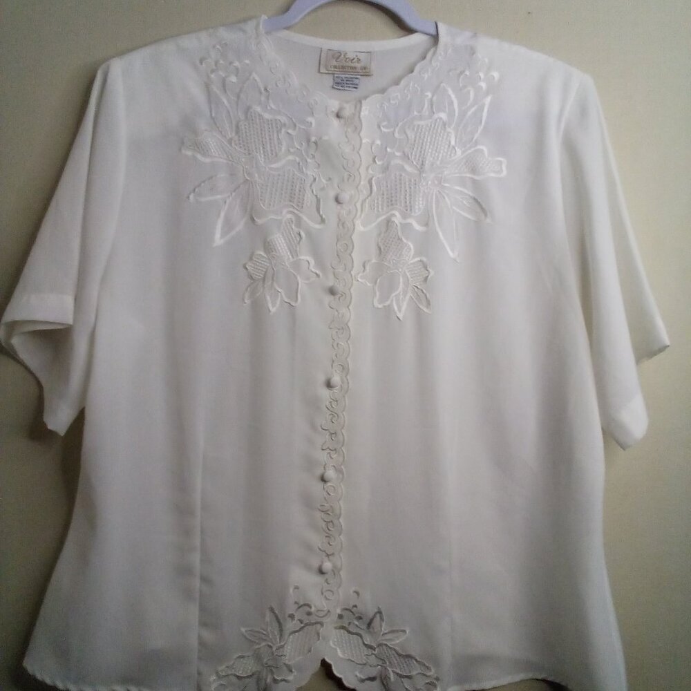 Voir Collection Blouse Women 16W 16 Vintage Embroidery Button Up Feminine Ivory - Picture 3 of 16